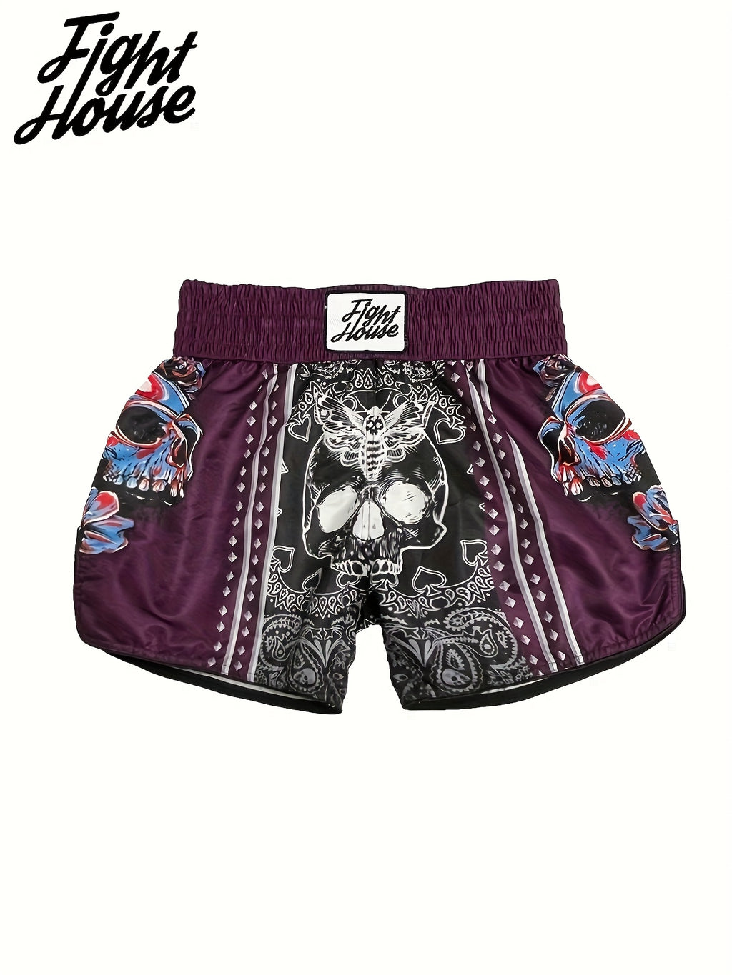 Short de Muay Thaï Fight House Skull violet – fente latérale