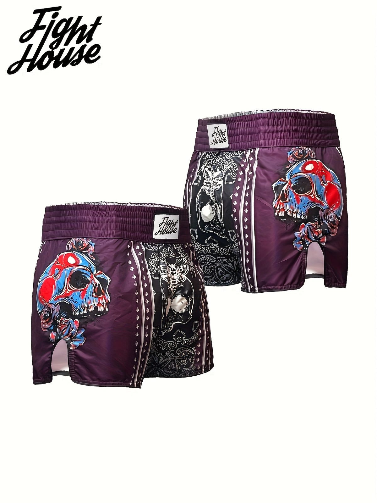 Short de Muay Thaï Fight House Skull violet porté