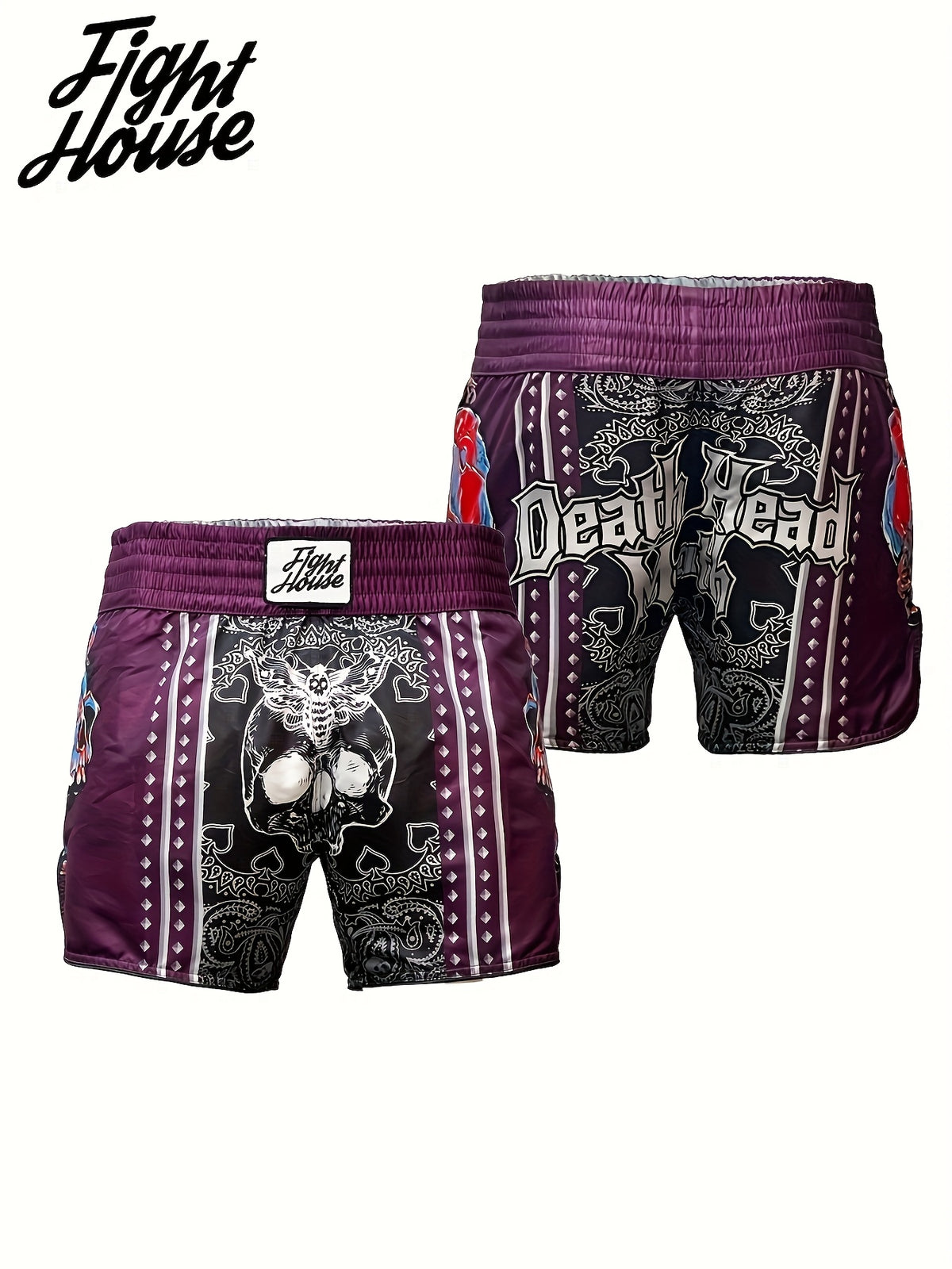 Short de Muay Thaï Fight House Skull violet – détail du motif tête de mort
